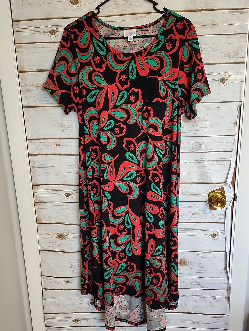 LuLaRoe Black Carly Midi High LowDress with Red & Green Paisley Print